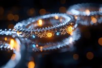 Glowing magical rings with sparkles and bokeh lights floating in dark space, creating mystical atmosphere. Ethereal fantasy art with luminous circular elements.