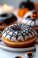 Halloween themed donut with white frosting and black spider web design on top, surrounded by festive decorations and mini pumpkins on white surface.