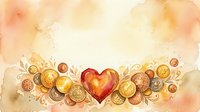 Watercolor heart with golden coins and floral elements on warm beige background, copy space for Valentine's Day, finance, or love-themed greeting cards.