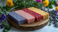 Colorful handmade soap bars with natural ingredients on wooden plate surrounded by fresh herbs and flowers. Organic skincare and aromatherapy concept.