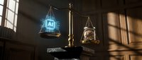 Artificial intelligence versus human brain on golden scales of justice in courtroom setting with dramatic lighting for legal technology concepts.