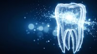 Glowing digital tooth with neural network connections on dark blue background. Modern dental technology and healthcare innovation concept for medical presentations.