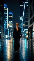 Confident businesswoman walking through illuminated city street at night wearing elegant black suit with modern skyscrapers and neon lights creating urban atmosphere.