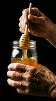 Aged male hands holding a glass jar of golden honey with a wooden dipper on dark background, natural organic food concept.