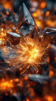 Crystal star shape with glowing orange core against dark background, surrounded by bokeh lights and sparks creating magical atmosphere.