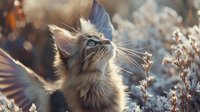 Beautiful long-haired cat with blue eyes looking up at sunset, backlit by golden light among dried winter plants, creating dreamy atmospheric nature portrait perfect for pet care marketing.