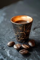 Handcrafted ceramic coffee cup with golden kintsugi cracks and roasted coffee beans on dark slate surface for cafe branding and beverage marketing.