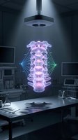 Glowing holographic spine projection with measurement data floating above a surgical table in a futuristic medical lab.