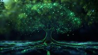 Mystical glowing tree with sparkling green lights in dark forest setting, magical particles floating around ancient trunk against ethereal moonlit background.