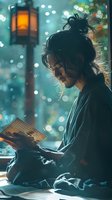 Atmospheric evening portrait of young Asian woman reading book under vintage lantern light, with magical bokeh background creating cozy mood perfect for lifestyle and literary concepts.