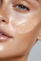 Close-up of glowing skin with dewy moisturizer and natural freckles showing skincare routine results and healthy complexion for beauty and cosmetic advertising.