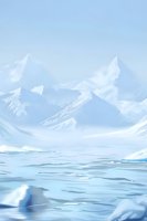 Serene arctic landscape with snow-covered mountain peaks rising above calm waters, floating ice fragments creating tranquil winter scene in soft blue tones.