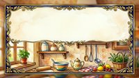 Vintage kitchen scene with ornate frame, cooking utensils, teapot, rolling pin, fresh herbs and fruits, blank space for text or recipe card design.