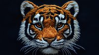 Majestic tiger face close-up portrait with intense gaze on black background, detailed fur texture showing orange and white stripes, dramatic lighting enhances feline features.