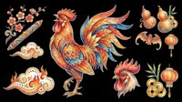 Rooster and decorative Asian elements isolated on transparent background, ready for t-shirt design, clipart, stickers, sublimation, and print-on-demand projects.
