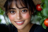 Young Asian woman with natural makeup and rosy cheeks smiling warmly at camera, wearing black top with fresh red tomatoes and green leaves in soft focus background.