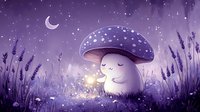 Magical glowing mushroom character in purple night meadow with fireflies, crescent moon and stars, surrounded by grass silhouettes in dreamy atmosphere.