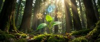 Young plant with water droplet growing in lush forest surrounded by tall trees and moss, symbolizing growth, sustainability, and environmental conservation for eco-friendly designs.