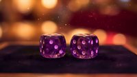 Purple translucent dice with glowing dots on dark surface against warm bokeh background, suitable for gaming, entertainment, and chance-related content.
