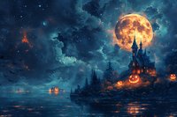 Mystical Halloween night with gothic castle silhouette against glowing orange moon, jack-o-lanterns illuminating dark forest by misty lake.