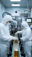 Two pharmaceutical workers in sterile white suits and masks operating honey production line in modern clean room facility with automated bottling equipment.