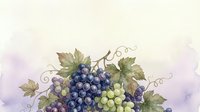 Watercolor grape cluster with green leaves and curly vines on soft purple background for wine labels, kitchen decor and culinary designs.