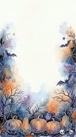 Watercolor Halloween border frame with pumpkins, bats, spiderwebs, ghosts, skulls, and crescent moon, with copy space for text or design.
