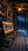 Rustic log cabin porch with Merry Christmas sign, glowing fairy lights, stacked firewood, lantern, and snowy winter forest at night.