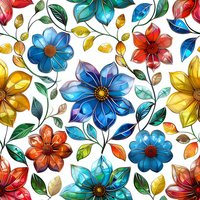 Vibrant floral seamless pattern with colorful translucent flowers in blue, red, yellow and orange hues, with green leaves on white background. Pattern tiles continuously.