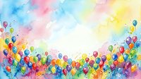 Colorful balloons floating upward in watercolor style against soft pastel sky, creating festive celebration atmosphere for party, birthday, and event design projects.