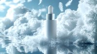 Ethereal cosmetic dropper bottle floating in cloudy sky with white feathers and water reflection creating dreamy skincare advertisement atmosphere.