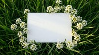 Blank white card surrounded by delicate white flowers on fresh green grass background for spring greeting cards, invitations and natural design projects.