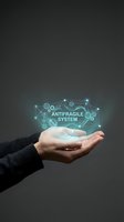 Businessman hand presenting antifragile system concept with glowing network connections and digital icons for resilience and adaptability solutions.