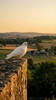 White dove perched on stone wall overlooking countryside landscape at golden hour sunset with rolling hills and farmland in background.
