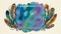 Watercolor frame with colorful boho feathers on textured background, copy space for text, greeting card, invitation, or poster design.