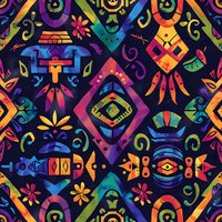 Vibrant ethnic seamless pattern with colorful tribal motifs and geometric shapes on dark background. Perfect for fabric, wallpaper and surface design projects.