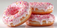Fresh glazed donuts with pink icing and colorful sprinkles stacked together, sweet bakery treats perfect for breakfast, dessert or coffee shop menu displays.