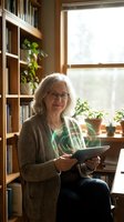 Mature woman with white hair and glasses holding tablet device in home library with wooden shelves, potted plants, and natural window light for educational technology and senior lifestyle content.