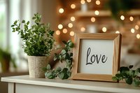 Wooden frame with love text and potted green plant on white shelf against warm bokeh lights background, creating cozy home atmosphere.