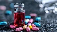 Medical vial with red liquid surrounded by colorful pharmaceutical pills and capsules on dark textured background, selective focus macro photography.