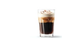 Layered coffee cocktail with dark espresso base, creamy middle layer, and whipped cream topping garnished with cocoa powder in glass on white background.
