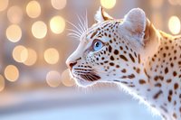 Side profile of spotted leopard head against blurred golden bokeh background, soft rim lighting highlights whiskers and fur details in dreamy atmospheric nature photography.