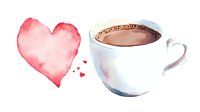 Watercolor hot chocolate cup and pink heart on white background, romantic Valentine's day composition for greeting cards and love messages.