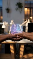 Hands holding glowing brain with neural network connections in modern office workspace representing artificial intelligence and innovation concepts.