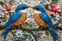 Colorful mosaic artwork featuring pair of kingfisher birds with blue and orange plumage perched on branch, surrounded by pink flowers and white daisies on textured background.