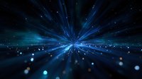 Glowing blue light rays bursting from center point with floating particles and bokeh effects against dark background, creating dynamic motion perspective.