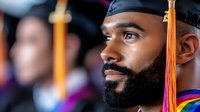 Young African American male graduate in cap and gown with orange tassel, wearing graduation stole, looking forward with confident expression and full beard.