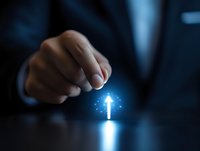 Businessman pointing at glowing blue arrow pointing upward on dark reflective surface, representing business growth, success and future opportunities.