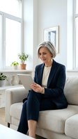 Confident mature businesswoman with silver hair using tablet on sofa in bright modern office space for remote work and digital communication.