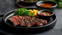 Juicy sliced medium rare beef steak served on black plate with fresh herbs, sauce and seasonings. Dark moody food photography with selective focus.
